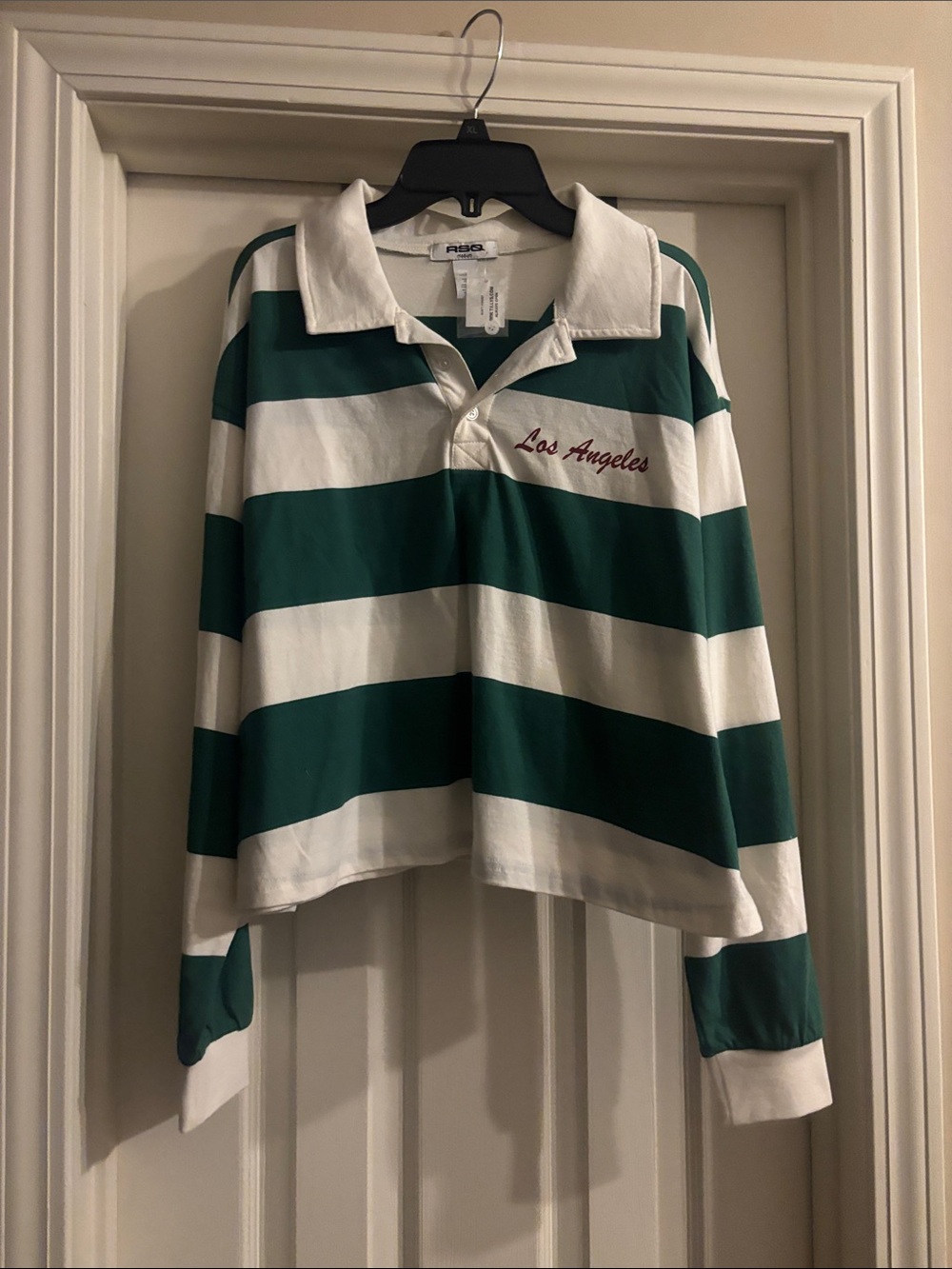 RSQ Green and White Striped Cropped Rugby Polo - "Los Angeles" Embroidered